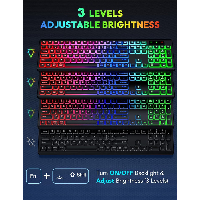 Бездротова клавіатура та миша з підсвічуванням, USB-C, тиха, для Mac/Windows/PC/Laptop - Чорний, QWERTY