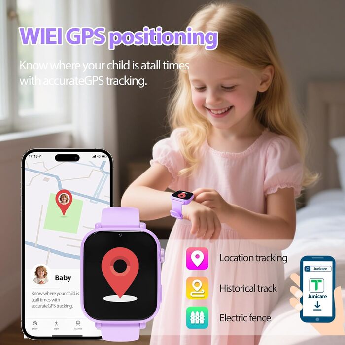 Дитячий розумний годинник Smartwatch з GPS, 4G, відеодзвінками, SMS, WiFi, SOS, крокомером, іграми, для дітей від 4 років, фіолетовий