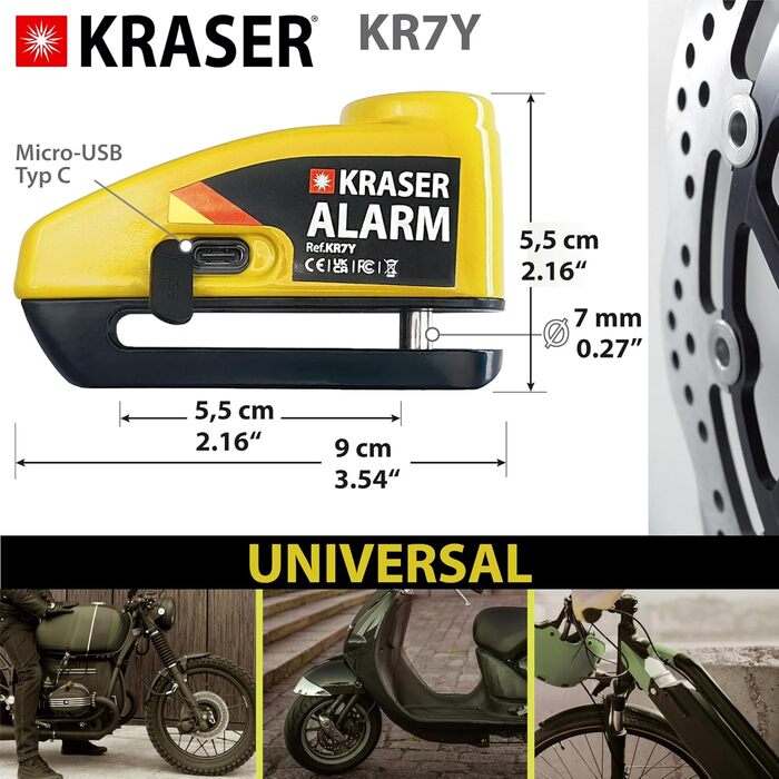 Протиугінний замок KRASER KR7Y на гальмівний диск для мотоцикла з сигналізацією 110 дБ, акумуляторний, зарядка USB Type-C, універсальний Ø7 мм