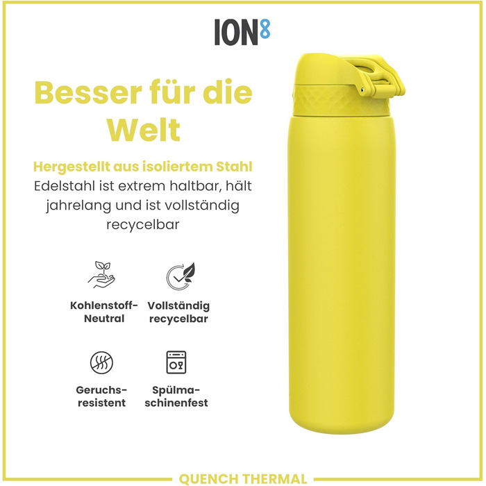 Ion8 Vacuum Insulated Stainless Steel Water Bottle, 1 Liter, 920 ml, Leak-Proof, One-Handed Opening, Secure Locking Mechanism, Dishwasher Safe, Carrying Handle, Durable, Ideal for Sports and Yoga (OneTouch 2.0, Yellow)