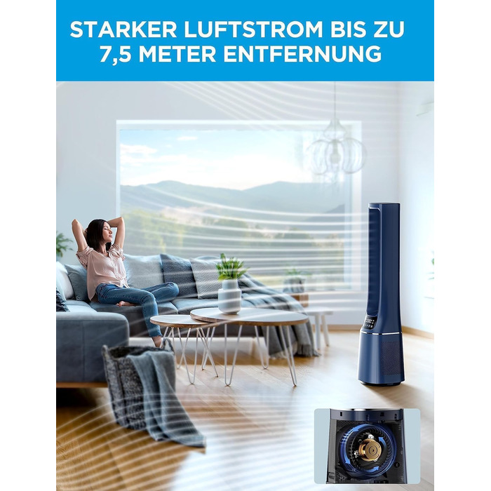 Турбовентилятор Midea MFP-120i (BL) 2-в-1 з очищувачем повітря, тихий (38dB), HEPA фільтр H13, LED дисплей, керування через додаток, Alexa, Google, таймер 12H, осциляція