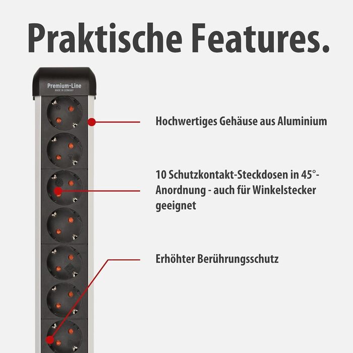 Бренненштуль Розподільник розеток Premium-Alu Line 10 розеток з вимикачем, 3м кабель, Алюміній, Made in Germany