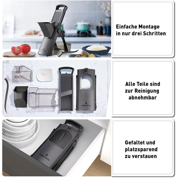 Мандоліна-слайсер ONCE FOR ALL Upgrade: безпечний, великого розміру, з регульованою насадкою для овочів та продуктів, для нарізки картоплі фрі, знімні леза (чорний/сірий)