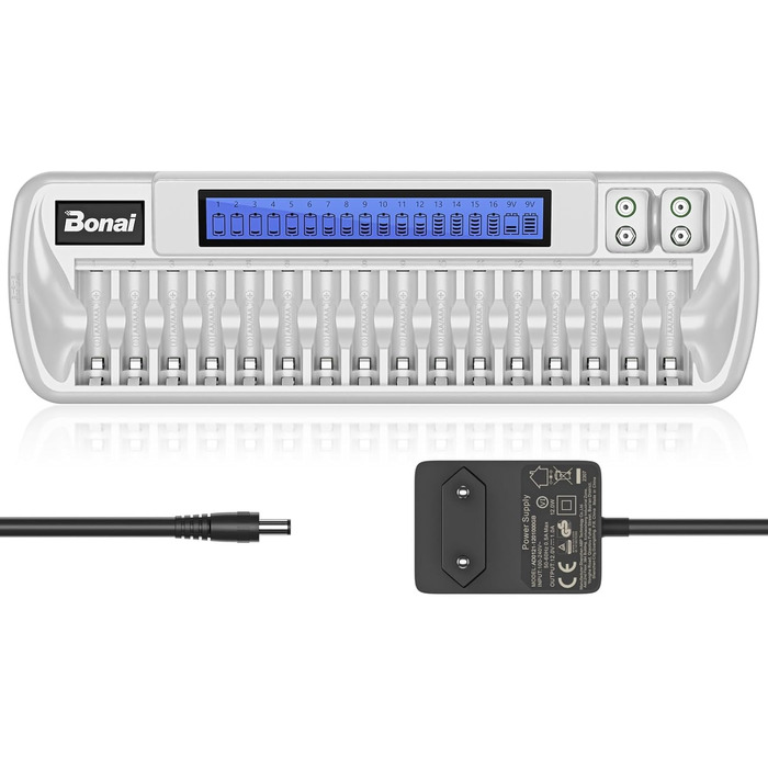 Зарядний пристрій BONAI для акумуляторів 18 слотів, універсальний, швидкий, LCD, для AA, AAA, 9V, NI-MH/NI-CD
