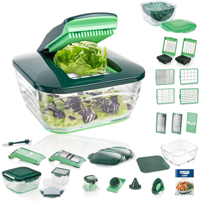 Genius Nicer Dicer Chef Deluxe XXL 37-Piece Set with Glass Bowl Set, Tomato & Vegetable Chopper & 3-in-1 Strainer Bowl - Crushes, Chops Onions, French Fry Cutter, Green