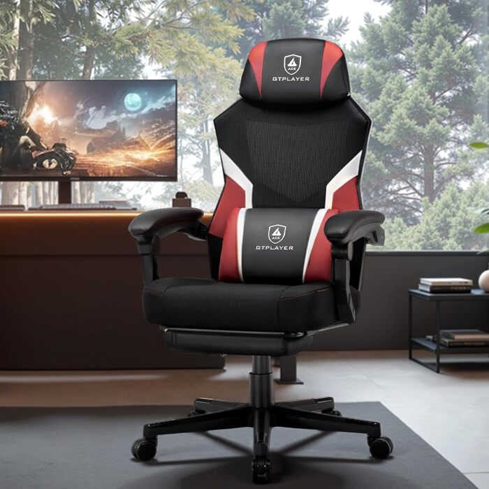 Геймерське крісло GTPLAYER з підставкою для ніг, червоне - ергономічне офісне крісло з сітчастою спинкою для дому та офісу, велике