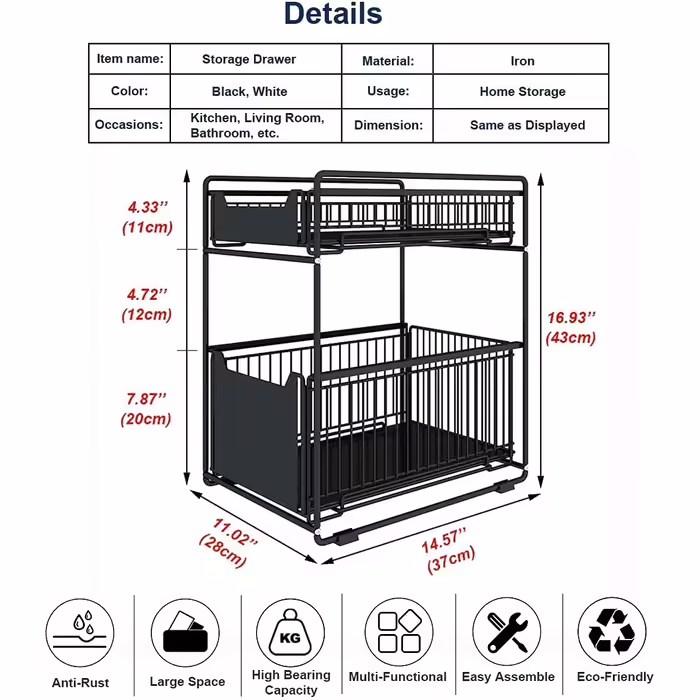 Under-Cabinet Organizer with 2 Levels, Adjustable Height, with Wooden Handle, Pull-Out Metal Basket for Kitchen and Bathroom (White)