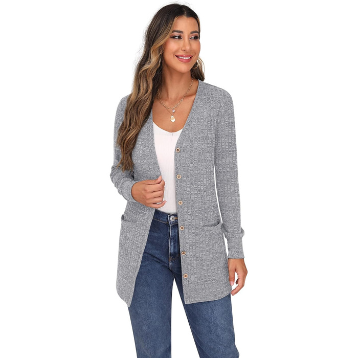 Жіночий в'язаний кардиган Grecerelle з довгими рукавами, сірий, з кишенями та V-подібним вирізом, XL