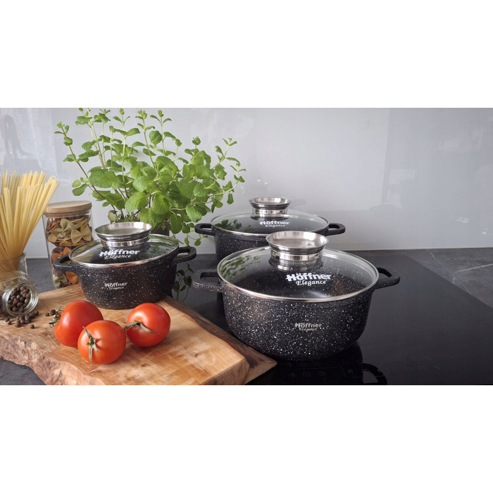 Набір каструль Hoffner, алюміній з мармуровим покриттям, чорний, 17 предметів