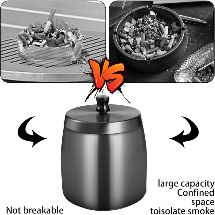 Склянка для сигарет на вулицю з кришкою, нержавіюча сталь, чорна. Антиковзаюча основа для використання на вулиці та в приміщенні