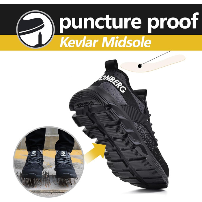 Робочі черевики з металевим носком для чоловіків та жінок. Легкі, дихаючі, розміри 37-48 EU, колір чорний