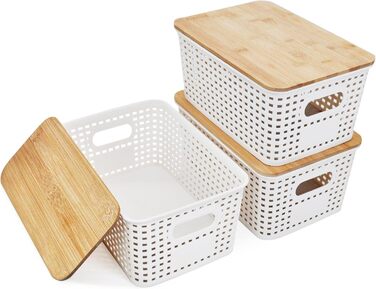 Storage Box with Bamboo Lid Small 3 Pieces 5L Storage Box Bathroom Box with Lid Bathroom Organizer 25x18x10cm Plastic Box Kitchen Storage Boxes Baskets Containers Stackable Boxes (White)