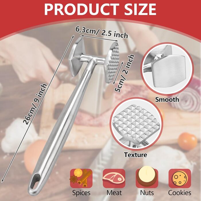 АКОЛАФЕ Fleischklopfer: М'ясорубка для відбивання м'яса з нержавіючої сталі, 26 см, подвійна сторона, для стейків, курки, свинини, реберець, антипригарне покриття, з отвором для підвішування, придатна для миття в посудомийній машині