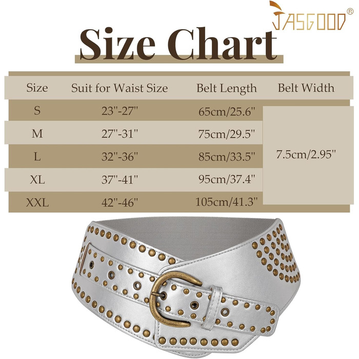 Жіночий вінтажний широкий еластичний пояс JASGOOD з пряжками, стрейч-пояс для карнавалу та косплею, 95 см (для талії 93-104 см), срібний, 75 см (для талії 69-79 см)