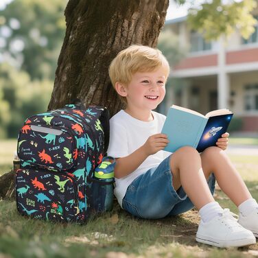 Дитячий рюкзак Bagseri для дівчаток 15L, легкий рюкзак для школи, дитячий сад та 1-2 класи, з нагрудним ременем та ізотермічним відділенням, формат DIN A4, з світловідбиваючими елементами (чорний динозавр)