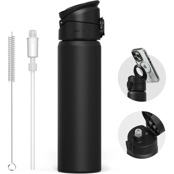 RhinoShield AquaStand Magnetic Bottle 700 ml | Stainless Steel Insulated Drinking Bottle with Straw, Sports Bottle with MagSafe-compatible Grip, Adjustable Angles, Leak-Proof - Black