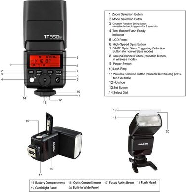 Спалах Godox TT350N для Canon - TTL, 2.4G, HSS 1/8000s, GN36, сумісний з 6D, 7D, 50D, 60D, 500D, 550D, 600D, 650D, 1000D, 1100D, 1DX, 580EX II, 5D Mark II III