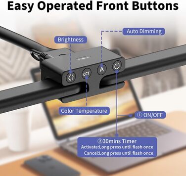 LED настільна лампа EppieBasic 24W з диммуванням, 80 см, кріпленням, захистом очей, регульованим шийним механізмом, таймером, чорного кольору