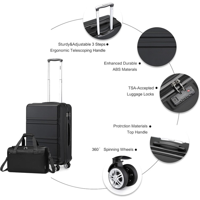 Набір валіз KONO 55 см: 2 валізи + сумка Ryanair (40x20x25 см). Колір: кремовий (чорний).