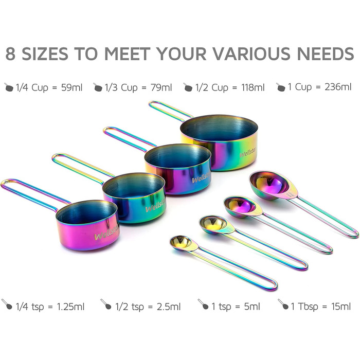 WELLSTAR Measuring Cups and Spoons Set, 4 Measuring Cups & 4 Measuring Spoons, with Stainless Steel Handles for Kitchen Cooking Baking, 8-Piece Set, Measuring Spoon Set for Dry and Liquid Ingredients