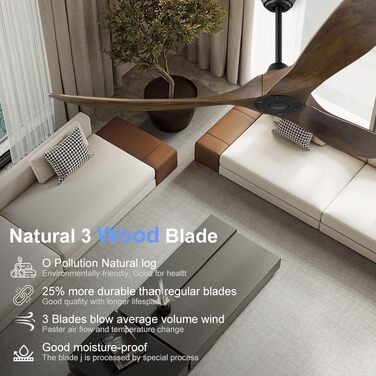 Дерев'яний стельовий вентилятор 152 см з дистанційним керуванням, 60 дюймів, 3 лопаті, DC-двигун, для дому та вулиці, таймер, коричневий