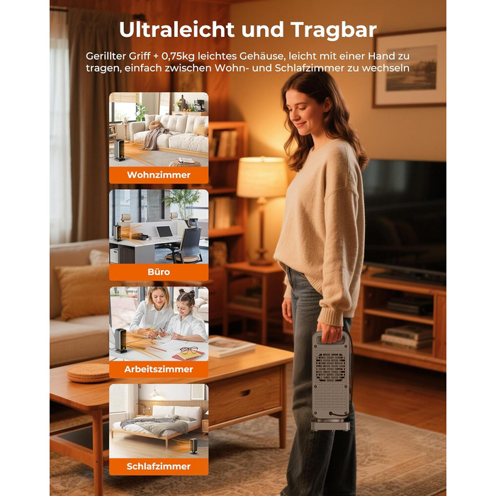 Електричний обігрівач 2000W з енергозбереженням, тихий, 3 режими, PTC кераміка, швидкий нагрів, ECO режим, пульт, таймер 12H, поворот 70°, для офісу, спальні, ванної кімнати (чорний)