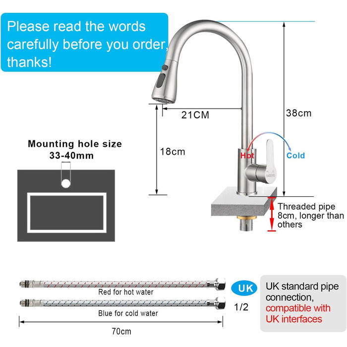 Кухонний змішувач з висувною лійкою та 3 режимами, з нержавіючої сталі, для кухні