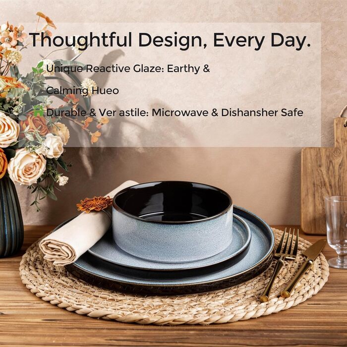 Набір керамічного посуду LERATIO для 4 осіб: тарілки та миски з реактивної глазурі (сіро-білий)