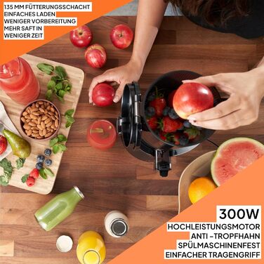 Powerful self-feeding whole fruit masticating juicer, 135 mm feeding chute, 250 W, cold-pressed juice, nut milk, masticating juicer Fridja F2500