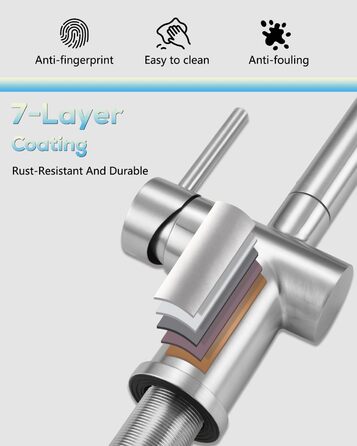 Змішувач кухонний з висувною лійкою, високого тиску, з двома режимами струменя, поворотний на 360°, L-подібний, з нержавіючої сталі (шліфований)