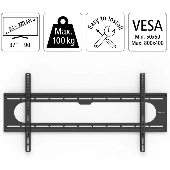 Hama TV Wall Mount Bracket (37-90 inch TVs, up to 100kg, VESA 800x400) - Fixed Black TV Wall Mount with Low Profile, Includes Fischer Anchors & Instructions