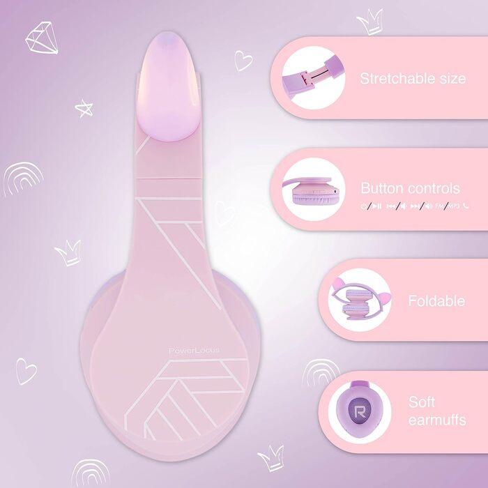 Дитячі навушники PowerLocus Bluetooth з обмеженням гучності 85dB, складні, з чохлом, Over-Ear, бездротові та з кабелем, з мікрофоном, Micro-SD, для телефону, ПК, планшета, зелені (рожево-фіолетові з вушками)