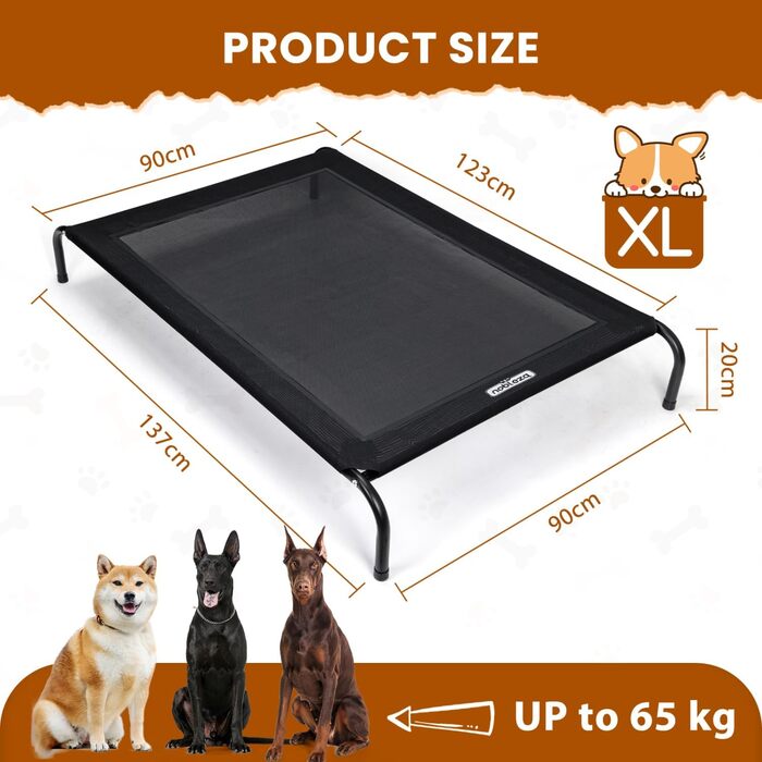 Зручне лежанка для собак Nobleza Hundeliege Outdoor, чорний, M, 105x80x20 см. Підходить для вулиці, кемпінгу, має підняту конструкцію та ефект охолодження. Легко миється та міцний. Розміри: 137x90x20 см.