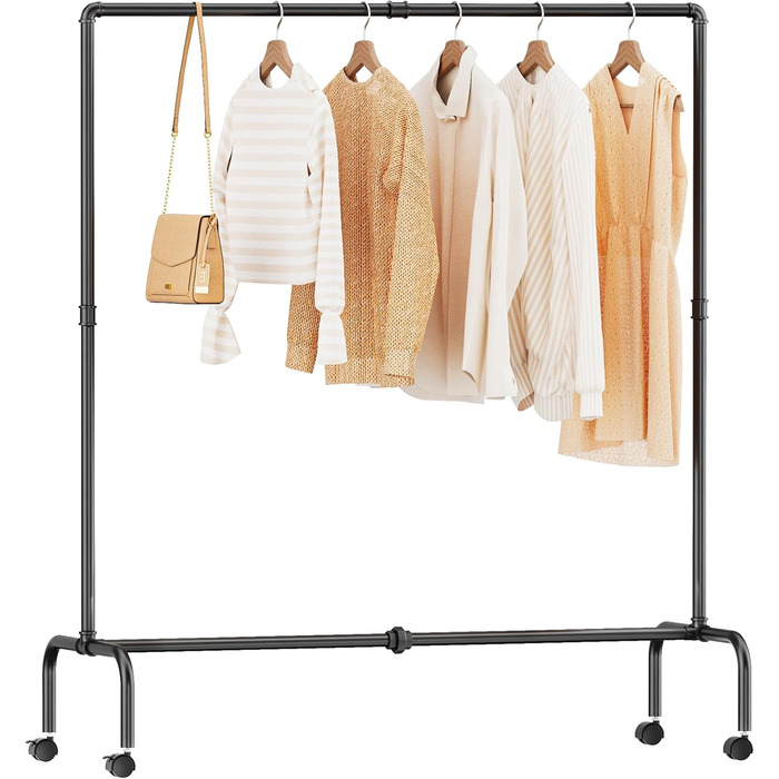 FANHAO Clothing Rack with Wheels, Industrial Heavy-Duty Pipe Clothing Rack, Rollable Garment Rack for Hanging Clothes, 250 lb (113 kg) Weight Capacity, 2 Brakes, Matte Black