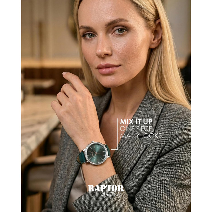 Жіночий наручний годинник Raptor elegant з блискітками, сріблястий корпус та чорний шкіряний ремінець