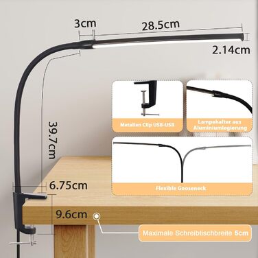 LED лампа для столу Homefire: регульована, чорна, з 3 кольорами та 5 рівнями яскравості, USB, для офісу та навчання