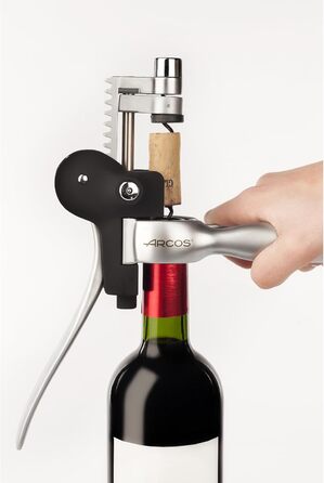 ARCOS Corkscrew Manual with ABS Housing and Zinc Alloy Handle - Versatile Bottle Opener with Foil Cutter, Effortless Cork Removal - Black and Silver. Toscana Series