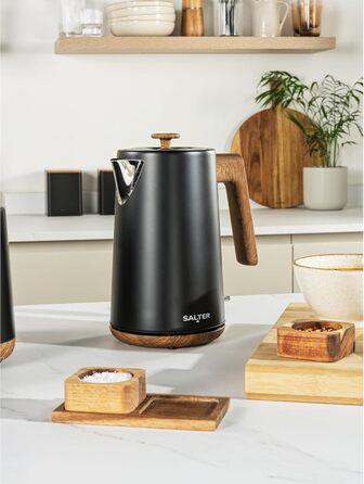 Електричний чайник Salter Toronto 1,7L, 3kW, чорний: швидке кип'ятіння, 360° підставка, фільтр від накипу, дерев'яний дизайн, бездротовий, захист від сухого кип'ятіння, автовимкнення, контролер Otter, чорний колір