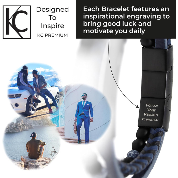 Браслет чоловічий шкіряний з тигровим оком та лавовим каменем, ручної роботи, з гравіюванням, регульований магнітний замок (синій)