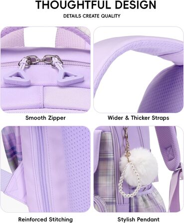 Рюкзак Tanou для дівчаток, підлітків: великий шкільний набір з сумкою через плече, в клітинку, 26L, фіолетовий