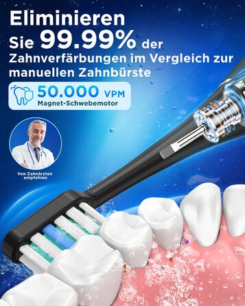 Електрична зубна щітка зі звуковими вібраціями, 8 насадок (3 типи), таймер, 120 днів роботи від акумулятора, 5 режимів чищення, чорний колір, для дорослих, з зарядною станцією