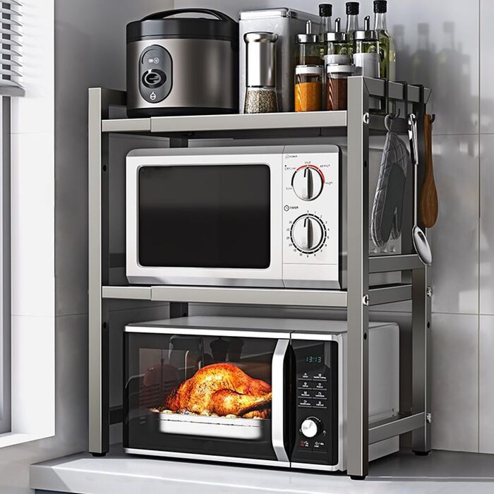 Розширювана полиця для мікрохвильової печі, робоча поверхня над мікрохвильовкою, підставка, органайзер для фритюрниці, економія місця, стояча, полиці пекаря (Чорний/3 (Сірий / 3-ярусна))