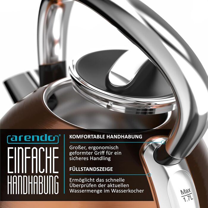 Електричний чайник Arendo з регулюванням температури, LED дисплеєм та сенсорною панеллю. Ретро-дизайн, об'єм 1,7 л, функція підтримки тепла, вимірювання, змінний фільтр від накипу. Матеріал: нержавіюча сталь, колір: мідний.