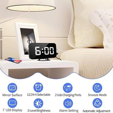 Цифровий годинник-дзеркало SZELAM з LED-дисплеєм 7 дюймів, 2 USB-роз'єми, функція відкладання, автоматичне регулювання яскравості, для дому