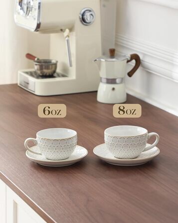 Набір кавових чашок MALACASA з блюдцем, 8 шт. (4 персони), кавовий сервіз з порцеляни, об'єм 180 мл, для кави, чаю, десертів, бежевий