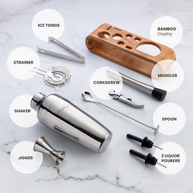 Stainless Steel Cocktail Shaker Set - 10 Piece Mixology Set with Bamboo Stand - Silver Bar Accessories Gift Set