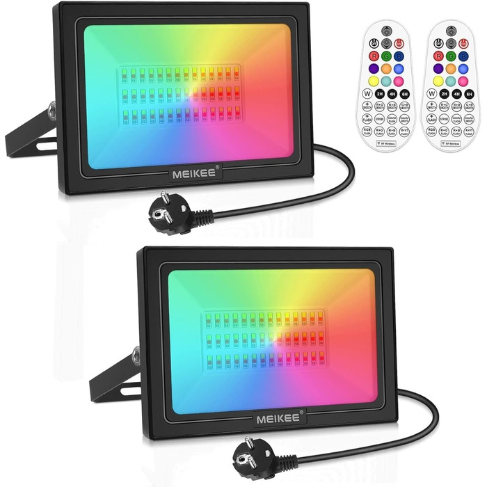 MEIKEE 60W RGB Spotlight with Remote Control, 30 Modes, 10 Colors, Timer, RGB Floodlight, IP66 Waterproof, 6 Brightness Levels, Projector, Colorful, Christmas, Halloween, Party LED Spotlight, Color Decorative, 2 Pieces