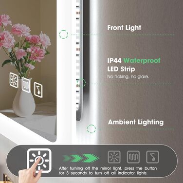 Дзеркало для ванної кімнати S'bagno з підсвічуванням 80x60 см, Bluetooth, протитуманне покриття, 3 кольори, регулювання яскравості, пам'ять налаштувань, загартоване скло, водонепроникність IP44, горизонтальне/вертикальне встановлення M66 (Bluetooth)