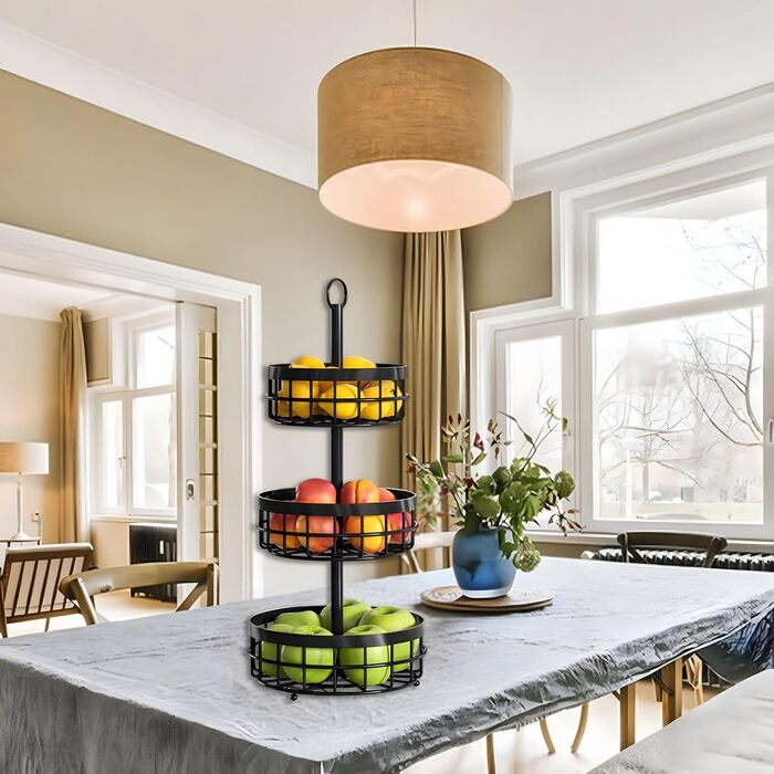 Багатоярусна металева підставка для фруктів та овочів MaxEarn - 3 яруси, велика місткість, з дерев'яними ручками