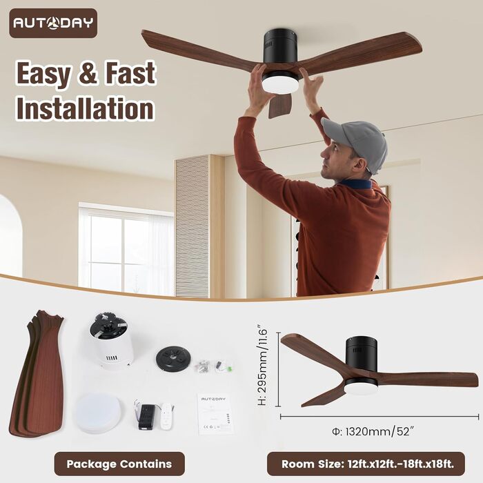 Стеляний вентилятор з дерева з підсвічуванням та керуванням, 132 см, 24W LED, DC-двигун, 6 швидкостей, таймер, пульт дистанційного керування